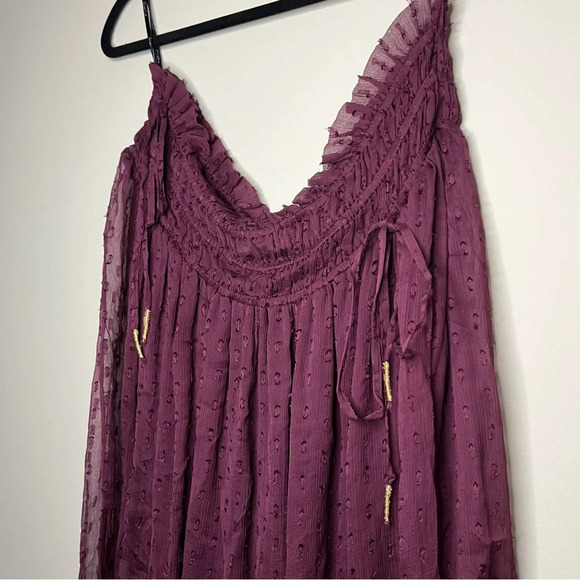 ANTHRO RAHI CALI Off Shoulder Clip Dot Sheer Gold Ties Longsleeve Blouse Top - Picture 3 of 11